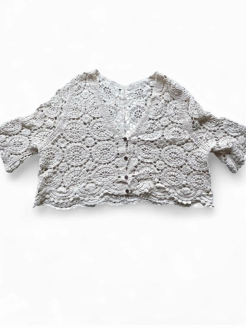 Crochet Lace Short Sleeve Cardigan Chocolate Brown Button Top | Cream - SIZE XL